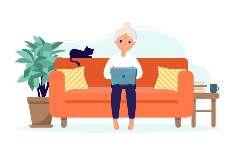 femme senior devant ordinateur illustration