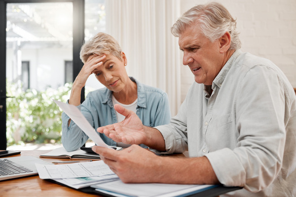 Sad retirement couple, finance debt and anxiety in financial planning, mortgage home loan and paper bills. Stress woman, angry man and senior people pension problem, admin crisis and budget mistake | Pension de reversion