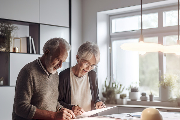 Elderly couple reviewing bills together at home, budgeting, fina | Pension de reversion indemnité retraite