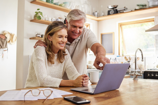 Happy pension couple with laptop and paperwork for retirement planning, online ecommerce website or digital bank application investment. Elderly, senior people for life insurance or asset management | Pension de reversion épargne retraite