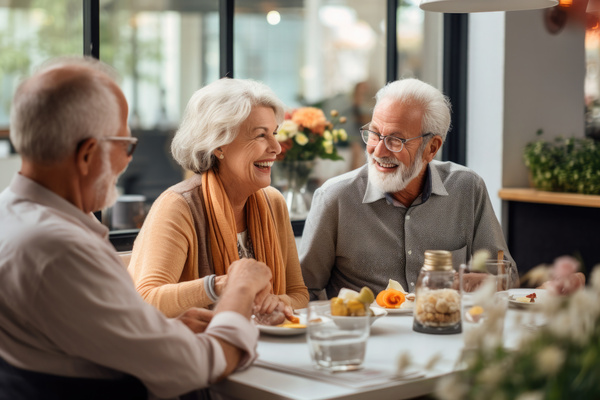 Senior friends spending time together in cafe. Generative AI | Pension de reversion restaurant collectif de la résidence autonomie