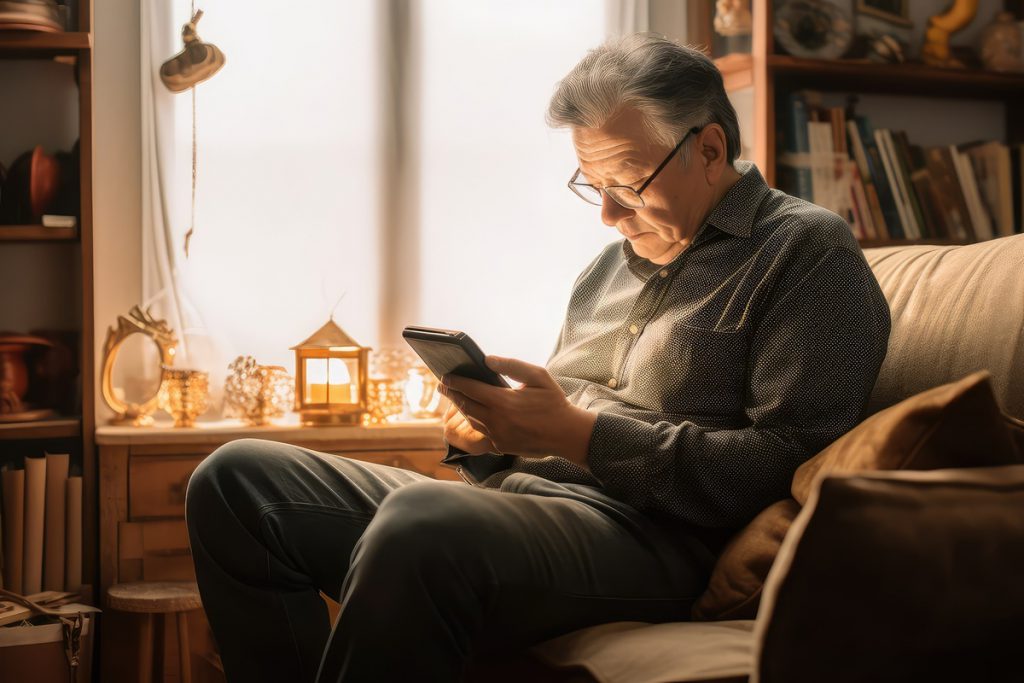 Senior uses mobile app to refill prescription at home. Photo generative AI | Pension de reversion baisse du montant de la pension de réversion