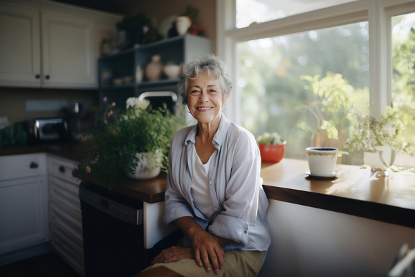 Smiling middle aged woman sitting on sofa at home, single mature senior in living room | Pension de reversion revalorisation retraite complémentaire