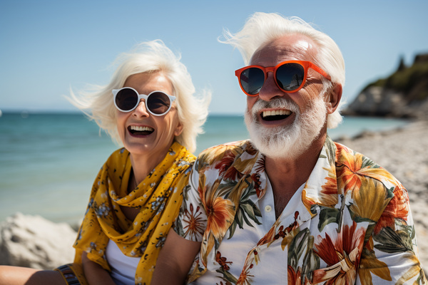 Happy retirees, pensioners. summer vacation, holidays beach, ship and sea, cocktails, travel, happy old age, enjoying life. Grandmother and grandfather, grandparents. Generative AI | Pension de reversion chèques ancv