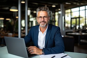 Smiling mature adult business man executive sitting at desk using laptop. Happy busy professional mid aged businessman ceo manager working on computer corporate technology in office | Pension de reversion liquider droits retraite