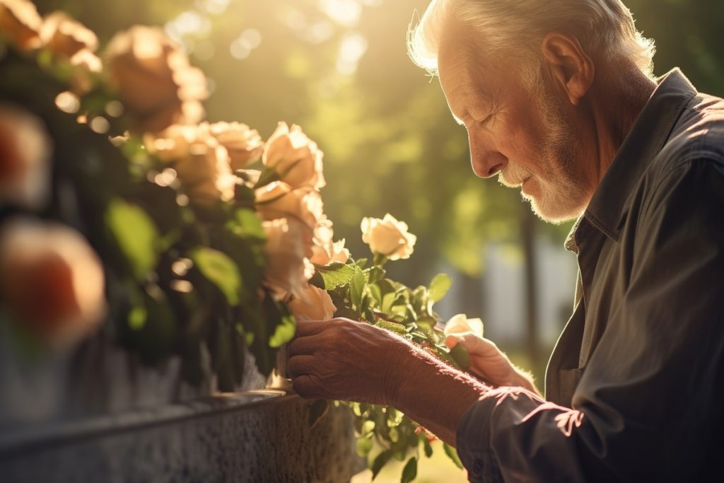 An elderly man stands at the grave with flowers in the cemetery | Pension de reversion réforme pension de réversion