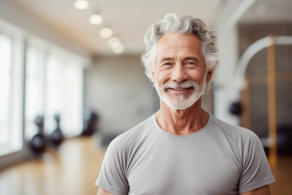 Portrait of smiling senior man standing in fitness studio at the gym | Pension de reversion retraite