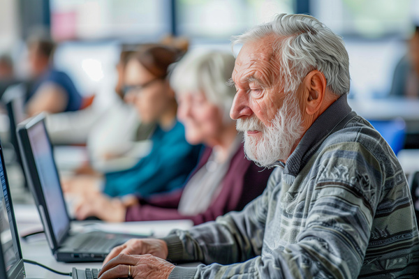 Older man in a computer class learning how to use new technologies in a class of older people | Pension de reversion droits CPF retraite