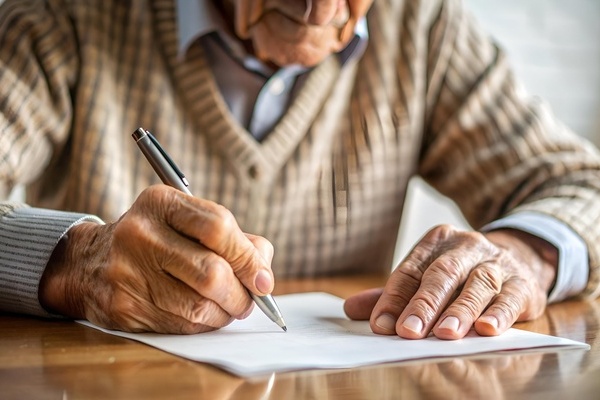 Alter Mann schreibt auf ein leeres Blatt Papier nahaufnahme | Pension de reversion réduire les droits de succession