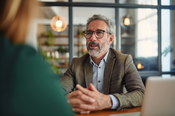 Middle aged mature older business man hr manager lawyer bank adviser having work conversation at office meeting or job interview Financial legal advisory and consultancy services Generative AI | Pension de reversion Rendez-vous Assurance retraite