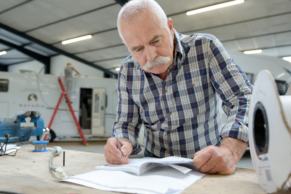 pleasant senior man working with blueprint | Pension de reversion retraite progressive