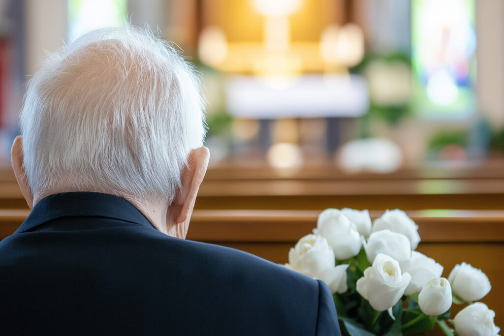 Elderly man with white roses in a church symbolizing remembrance or mourning in a quiet setting | Pension de reversion réforme de la pension de réversion