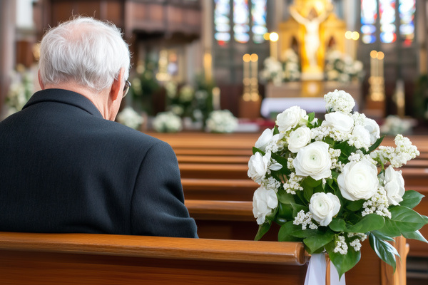 Senior man sitting alone on church pew bench to pray at funeral service | Pension de reversion musique payante enterrement