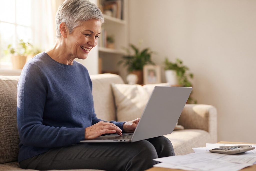 Femme souriante gérant ses démarches en ligne pour valider les trimestres de la dernière année de travail depuis son salon