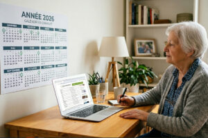 Virement-Agirc-Arrco | Pension de reversion Retraitée consultant le calendrier de virement Agirc-Arrco 2026 sur son ordinateur pour vérifier ses paiements.