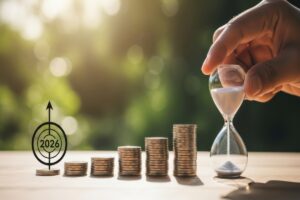 Calendrier et anticipation retraite 2026 | Pension de reversion Sablier et piles de pièces de monnaie symbolisant l'urgence du dépôt de dossier retraite pour octobre 2026.
