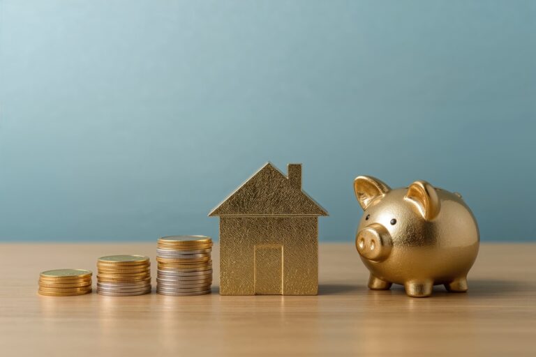 Concept de rachat de points retraite Agirc-Arrco 2026 : tirelire dorée et maison symbolisant la sécurité financière du foyer et la réversion du conjoint.
