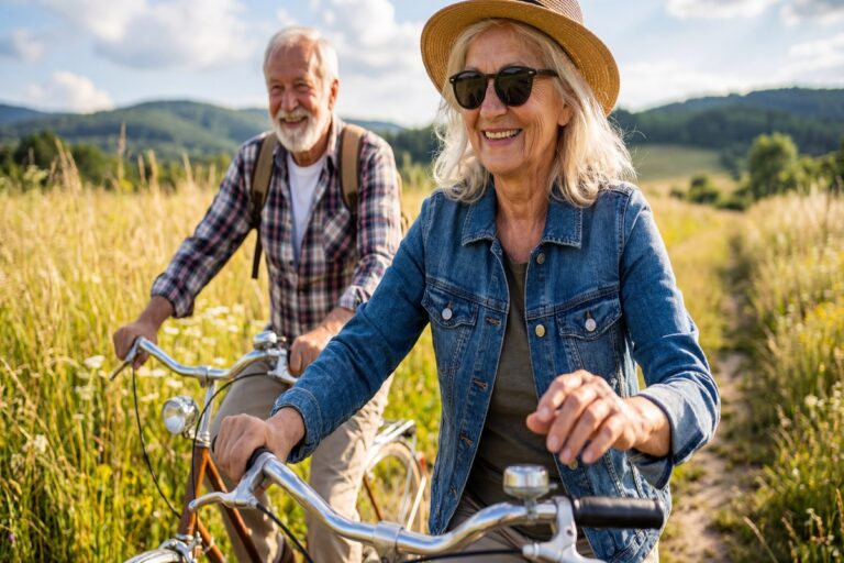Couple de seniors à vélo illustrant la sérénité financière de la réversion et des carrières longues en 2026.