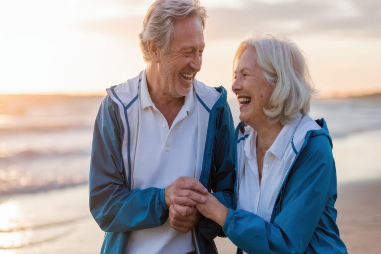 Couple de seniors souriants sur une plage et se sentant en sécurité avec la réversion retraite complémentaire.