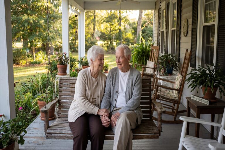Couple de retraités sereins sur la terrasse de leur maison familiale pensant à la protection du patrimoine et à la succession ASPA en 2026.
