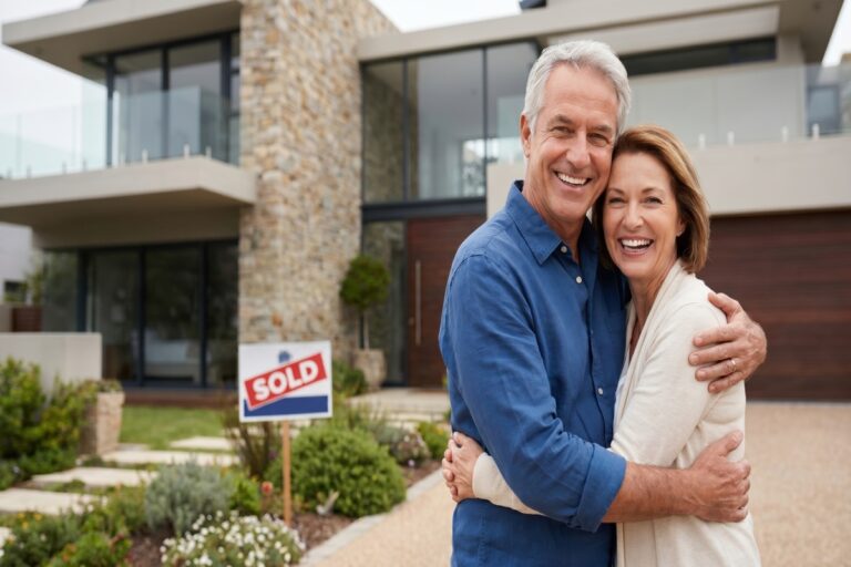 Couple de seniors devant leur maison après une ASPA et vente immobilière