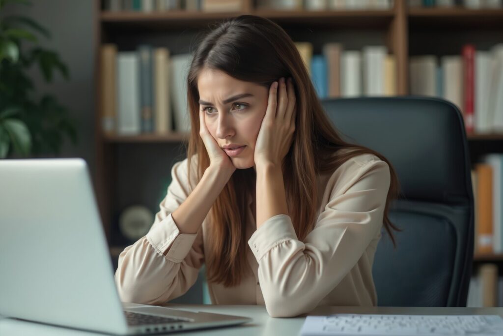 Dossier bloqué à la CNRACL : recours et assistance rapide | Pension de reversion Femme inquiète et fatiguée devant son ordinateur face à un dossier bloqué à la CNRACL pour sa pension de réversion.
