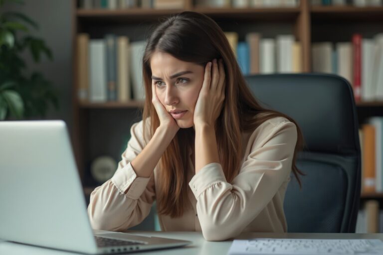 Femme inquiète et fatiguée devant son ordinateur face à un dossier bloqué à la CNRACL pour sa pension de réversion.