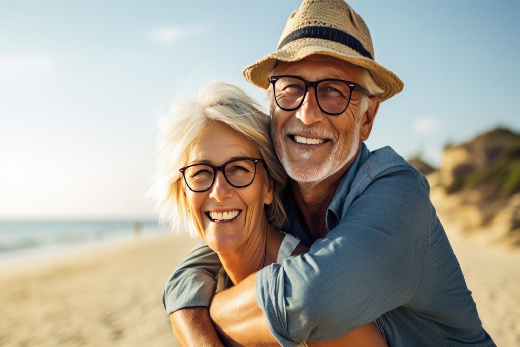 Un couple senior homme femme amoureux senlaçant sur la plage sous un beau ciel bleu dété | Pension de reversion Couple de retraités souriants s'informant sur la pension de réversion Ircantec pour agents non titulaires.
