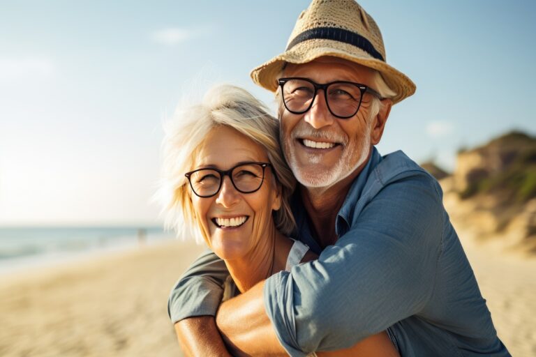 Couple de retraités souriants s'informant sur la pension de réversion Ircantec pour agents non titulaires.