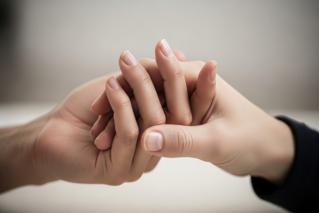 Two hands gently holding each other fingers intertwined | Pension de reversion Soutien financier et pension de réversion Ircantec pour les familles