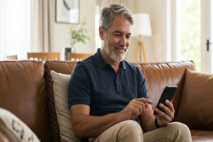 validation-certificat-vie-2026-etranger | Pension de reversion Retraité expatrié utilisant son smartphone pour valider son certificat de vie 2026 via l'application officielle.