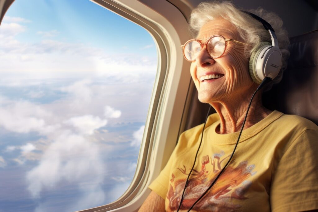 senior peoples day concept well-groomed woman on an airplane looks out the porthole window and talks about the journey | Pension de reversion Senior souriante dans un avion pour percevoir sa pension de réversion à l'étranger