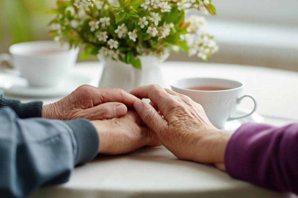 Senior couple holding hands at home with tea on table | Pension de reversion Couple senior se tenant la main, illustrant le lien du mariage pour la pension de réversion et concubinage