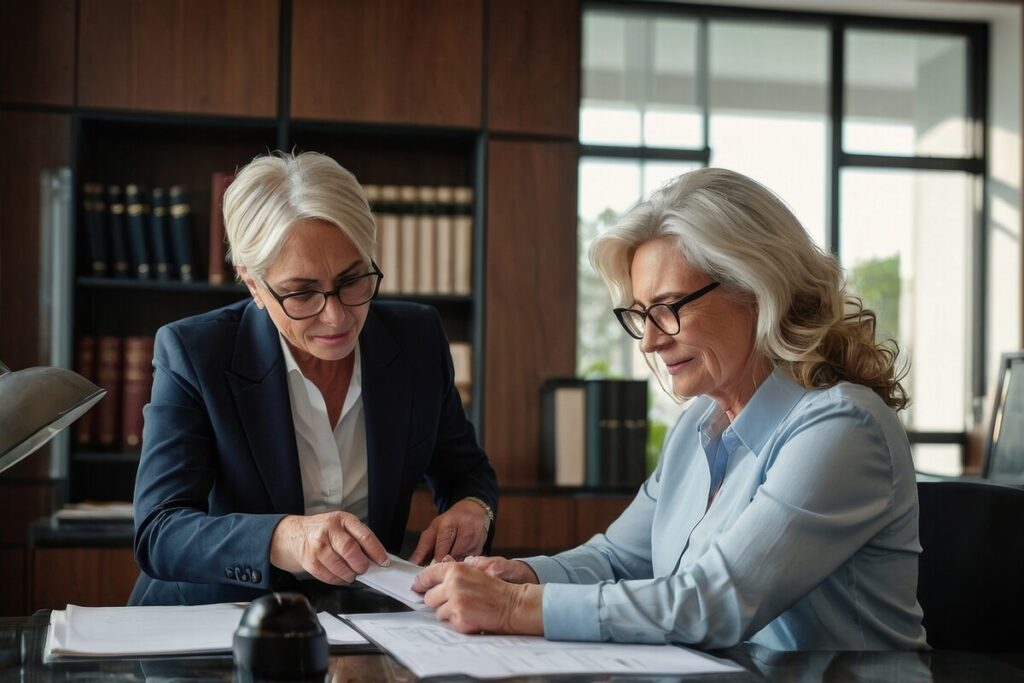 Signature d'un acte de notoriété chez le notaire pour la réversion | Pension de reversion Deux femmes examinant des documents officiels lors de l'établissement d'un acte de notoriété pour la pension de réversion