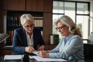 Signature d'un acte de notoriété chez le notaire pour la réversion | Pension de reversion Deux femmes examinant des documents officiels lors de l'établissement d'un acte de notoriété pour la pension de réversion