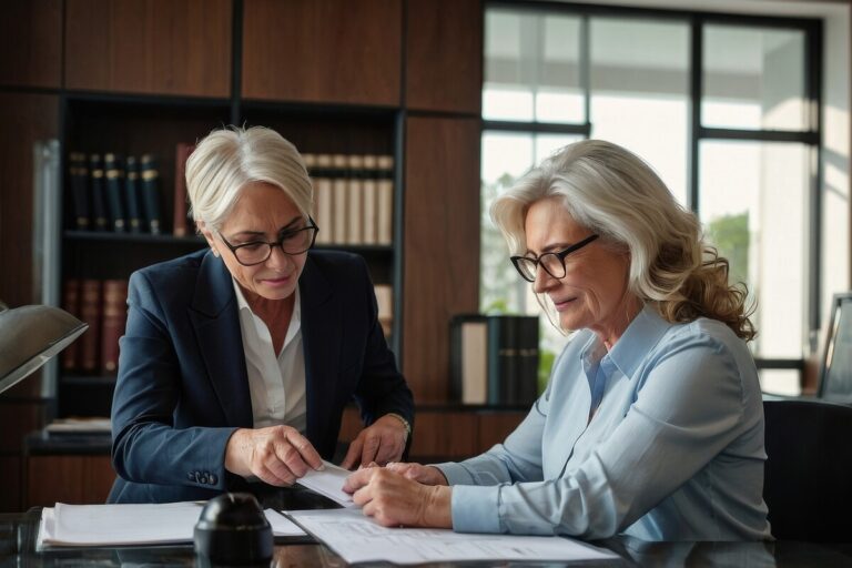 Deux femmes examinant des documents officiels lors de l'établissement d'un acte de notoriété pour la pension de réversion