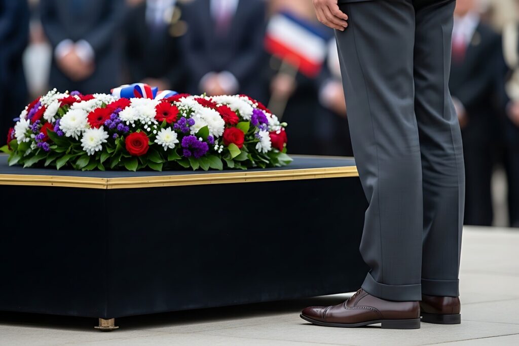 Recueillement lors d'une cérémonie d'hommage national pour un militaire décédé en mission, ouvrant droit à la réversion militaire. | Pension de reversion Un proche en costume se recueille devant une gerbe de fleurs tricolores (bleu, blanc, rouge) lors d'un hommage officiel. Cette image symbolise le décès en mission ouvrant droit à la réversion militaire.