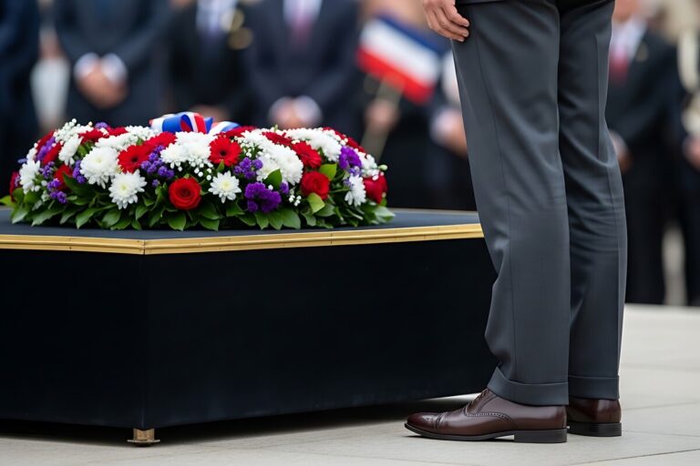 Un proche en costume se recueille devant une gerbe de fleurs tricolores (bleu, blanc, rouge) lors d'un hommage officiel. Cette image symbolise le décès en mission ouvrant droit à la réversion militaire.