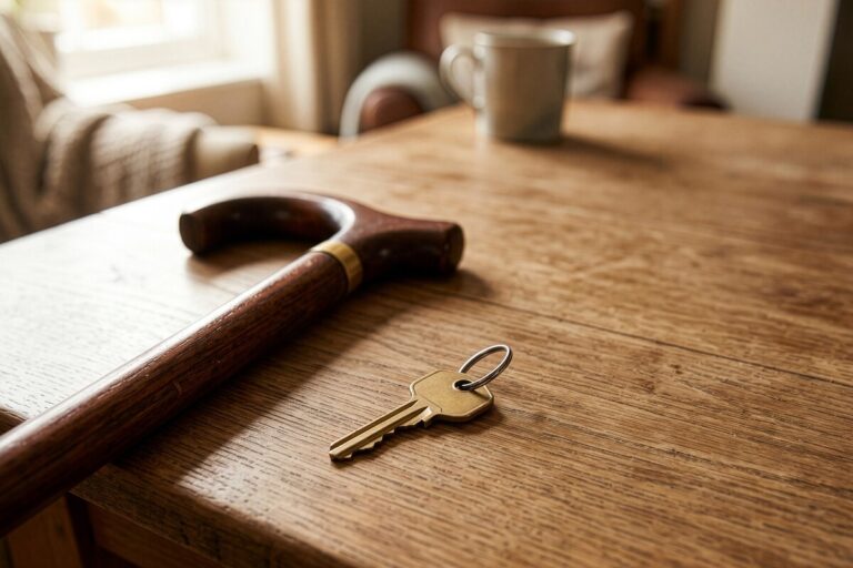 Clés et canne sur une table symbolisant le patrimoine immobilier et la retraite