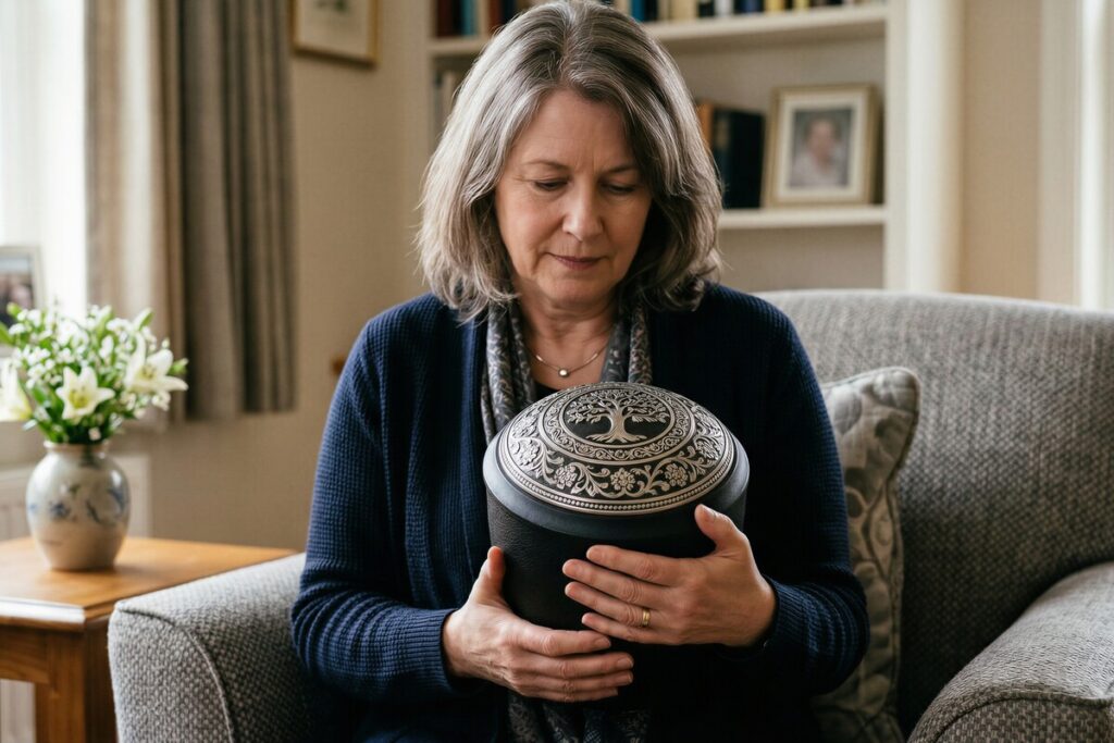 Durée de mariage et pension de réversion après un décès | Pension de reversion Femme endeuillée tenant une urne, illustrant les démarches de pension de réversion et la condition de durée de mariage