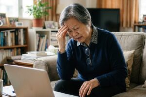 Personne âgée penchée sur un ordinateur et des documents administratifs pour calculer la date d'effet de la réversion.