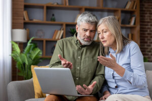 Un couple de seniors perplexe devant un écran d'ordinateur illustrant les calculs et l'écrêtement de la réversion.