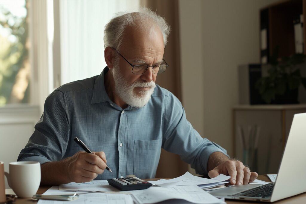 Un retraité calculant son budget avec un ordinateur et des documents lors de la re valorisation agirc-arrco 2026
